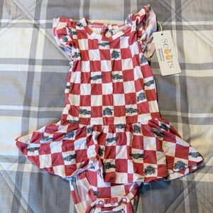 Scoots Red & White Cars Checkered Baby Dress Onesie